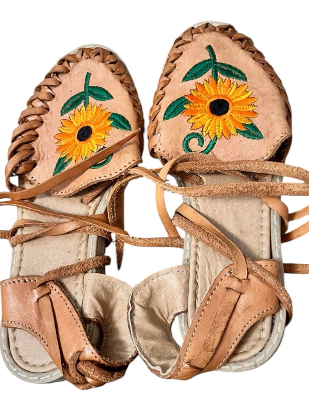 MEXICANA Tan Leather Kids Sunflower Embroidered Sandals